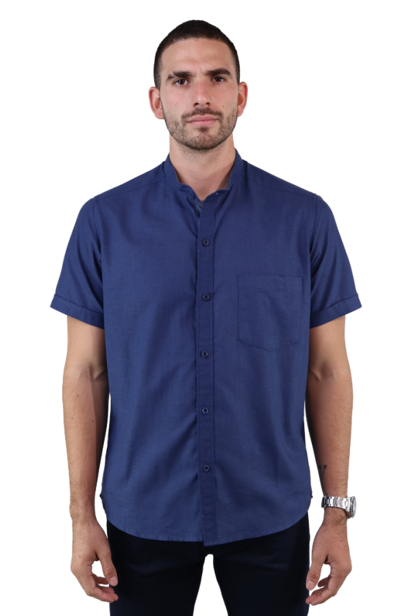 Camisa Look De Lino Manga Corta Azul Marino Cuello Mao Slim Fit Hombre